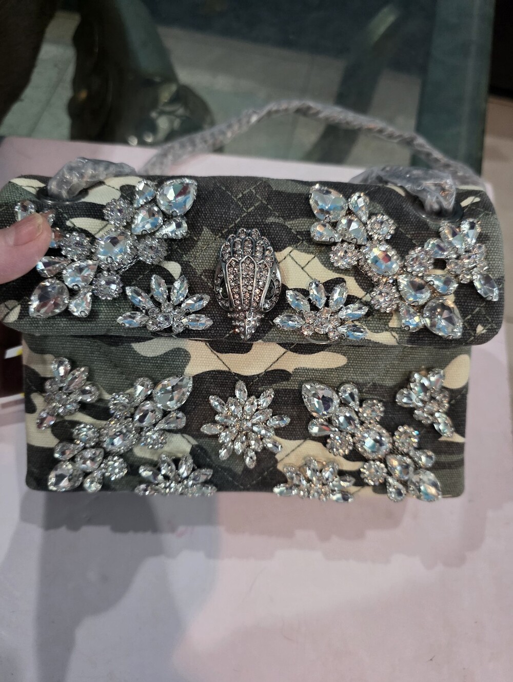 New Kurt Geiger Green Camouflage Crystal Floral Top-Handle Bag